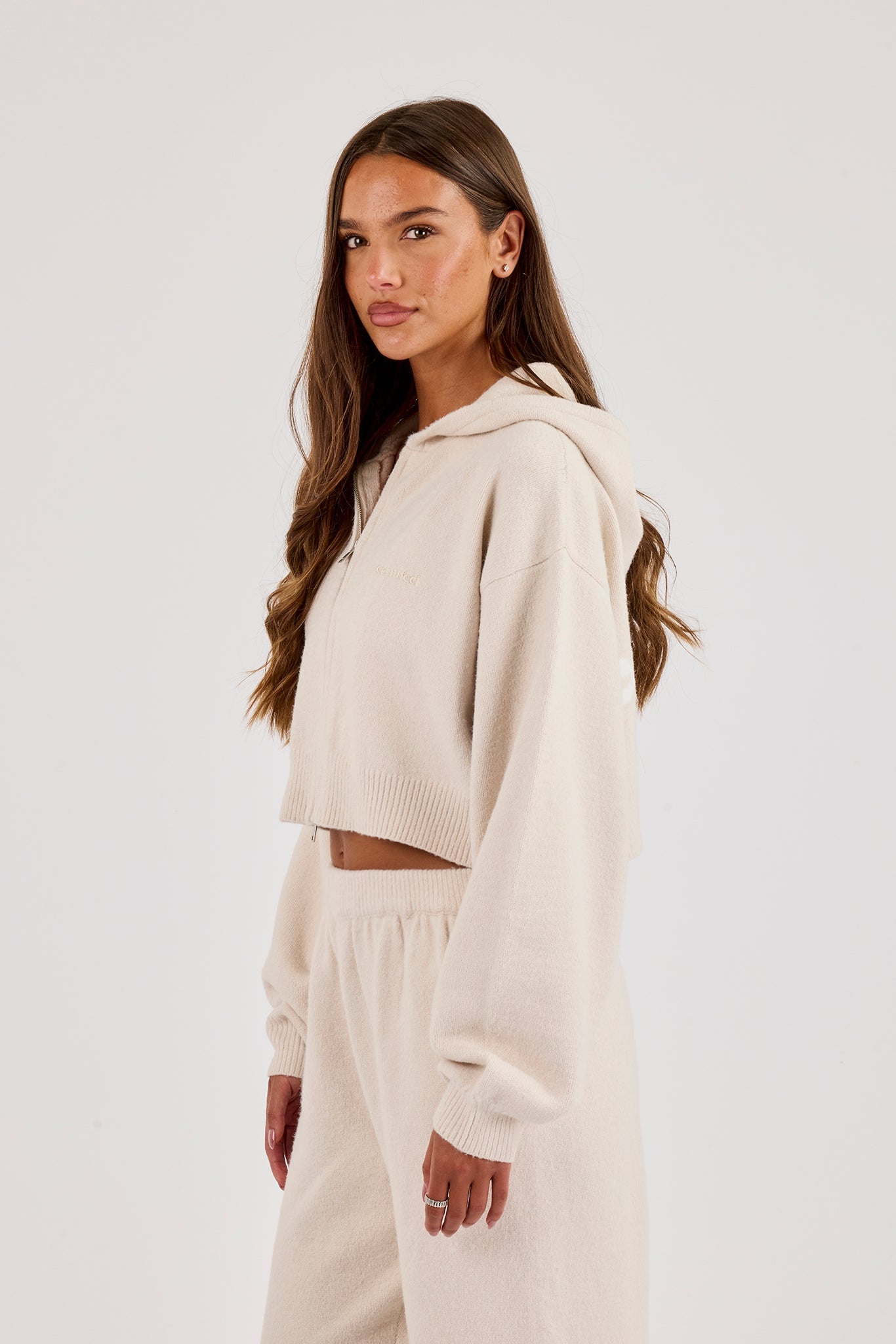 Cernucci Knitted Logo Cropped Zip Hoodie - Oatmeal